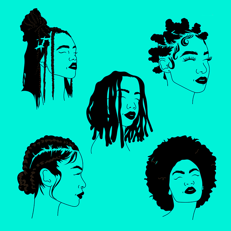 A graphic of 5 women with Black hairstyles in front of a teal background