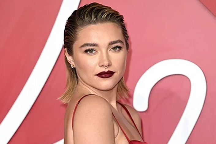 Florence pugh in a red dress