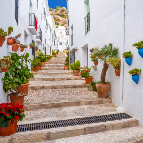 Frigiliana village whitewashed white typical in Costa del Sol of Malaga in Andalusia Spain