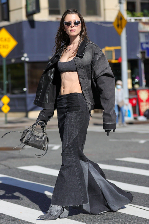 Julia Fox is seen on the street in New York wearing full black denim outfit in October 2022