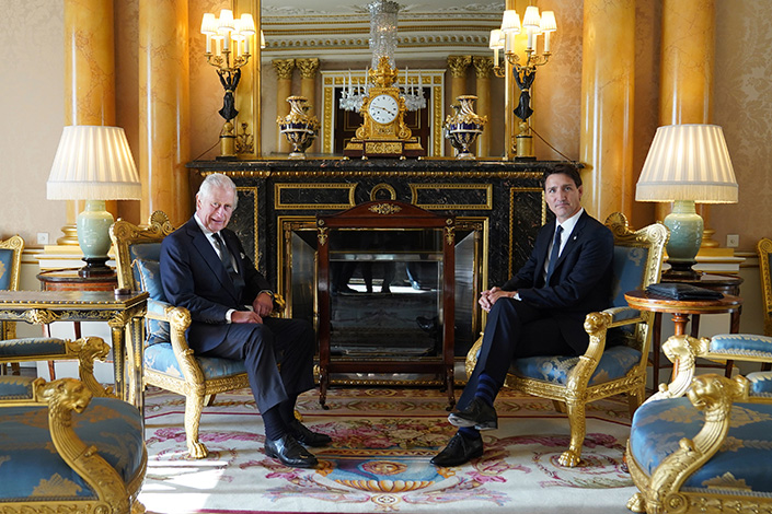 King Charles and Justin Trudeau meet at Buckingham Palace in 2022