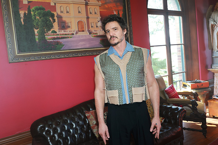 Pedro Pascal in a mesh vest at a Hollywood event