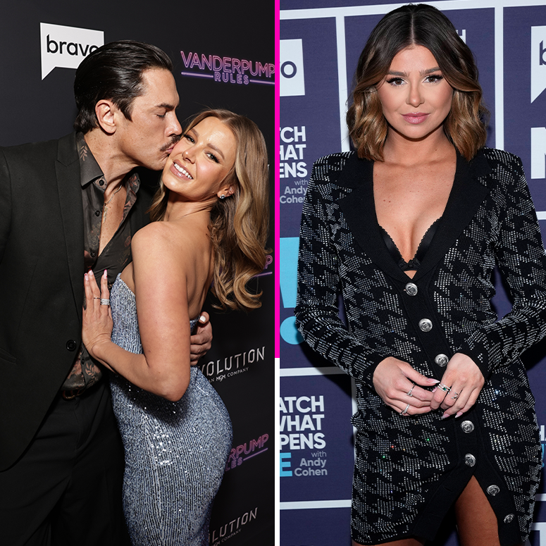 A collage of Tom Sandoval kissing Ariana Madix on the cheek and Raquel Leviss looking at the camera