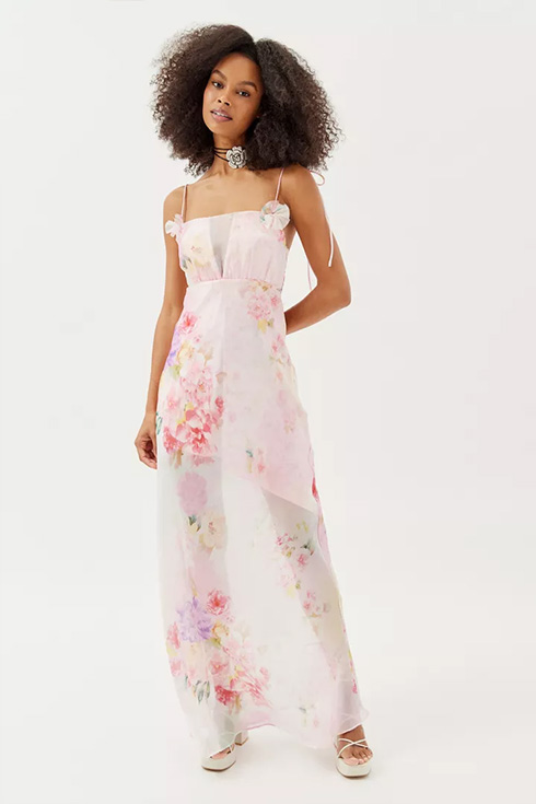 Woman wearing sheer floral dress